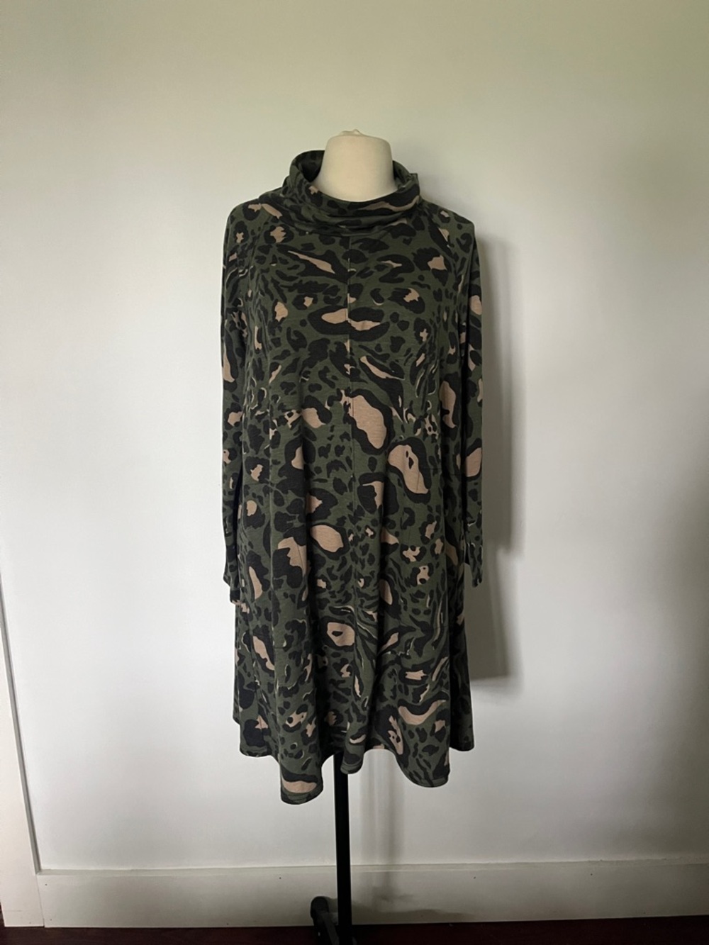 Cowl Neck Long Sleeve Green Camo Print Dress